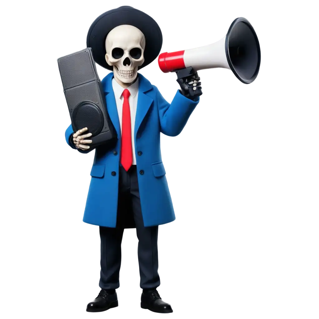 Skull-Body-in-Blue-Coat-with-Speaker-in-Hand-PNG-HighQuality-Clear-Image-for-Versatile-Use