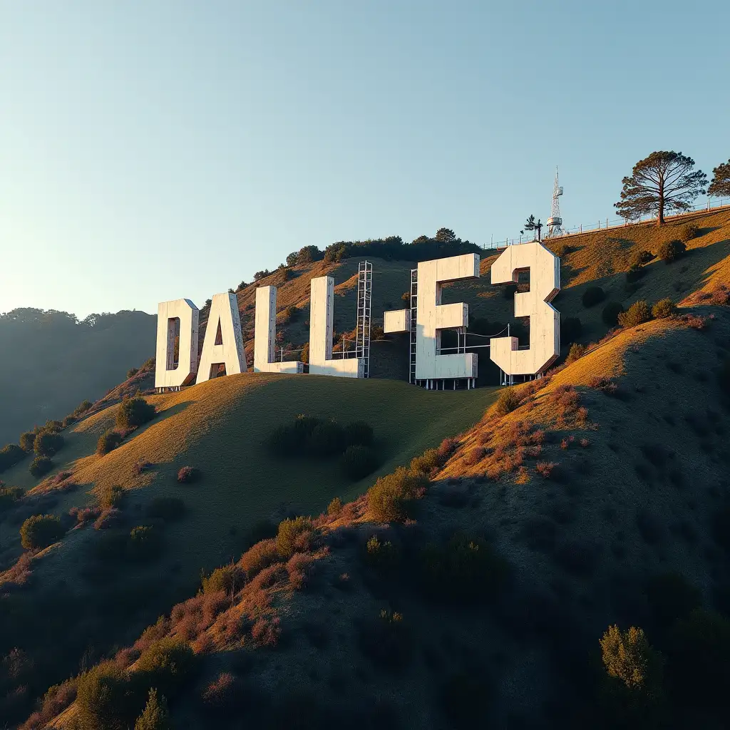 On the mountainside there are large letters in the form of the inscription 'DALL-E3', natural lighting, realistic style, the image is similar to the inscription HOLLYWOOD in California