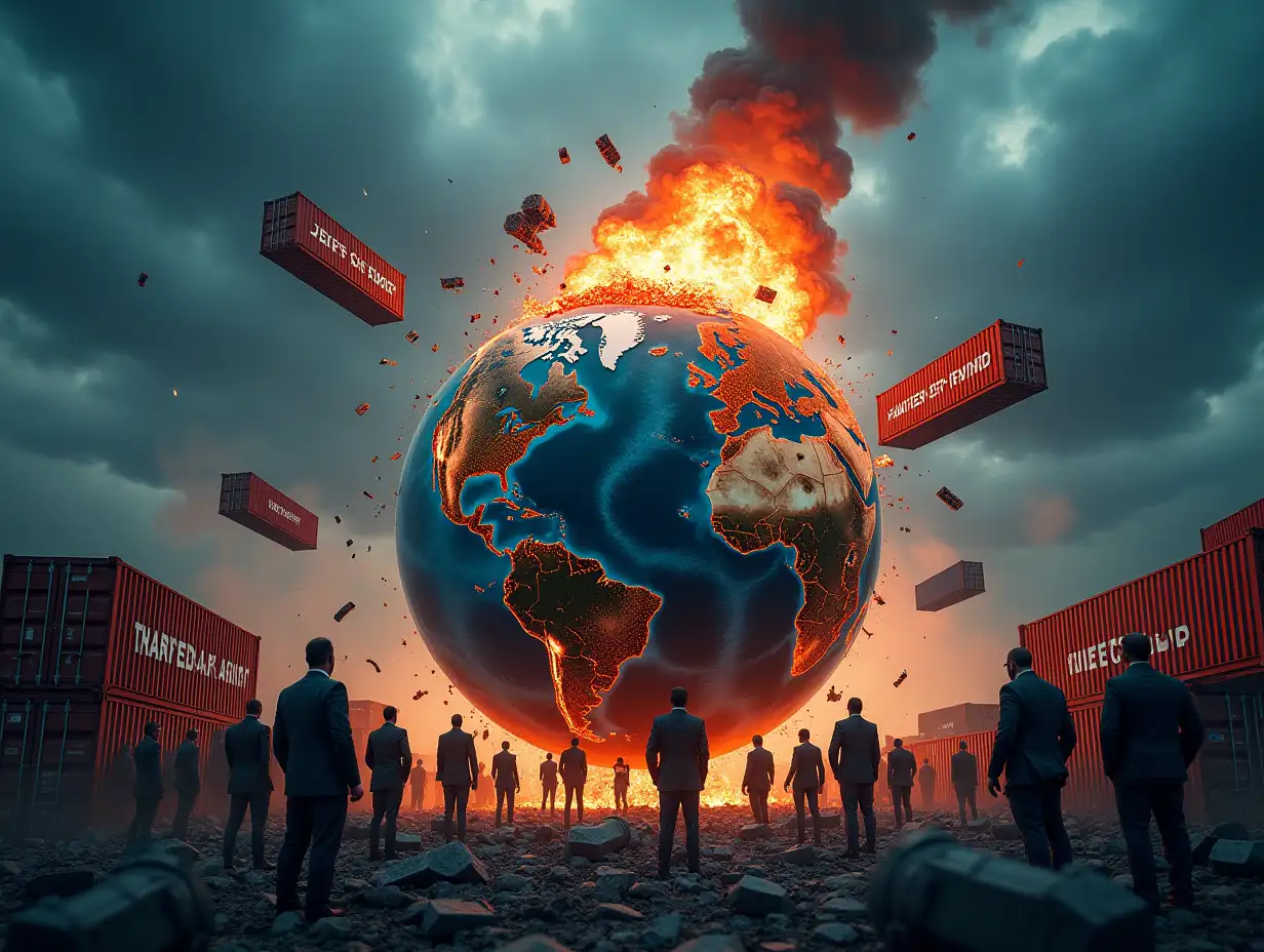 A hyper-realistic surreal scene of global economic conflict: Earth globe with cracks and fiery trade war symbols emerging from its surface, shattered shipping containers labeled 'Tariffs' and 'Sanctions' in multiple languages, broken supply chain links falling from stormy skies, opposing military and business figures in tense standoff. Dark cinematic lighting with cold steel blue tones contrasting against orange explosion flames, highly detailed debris and floating economic charts in mid-air, ultra-dynamic composition with dramatic low-angle perspective, symbolic representation of international relations collapse, sharp high-contrast colors, flux style with chaotic energy flow.