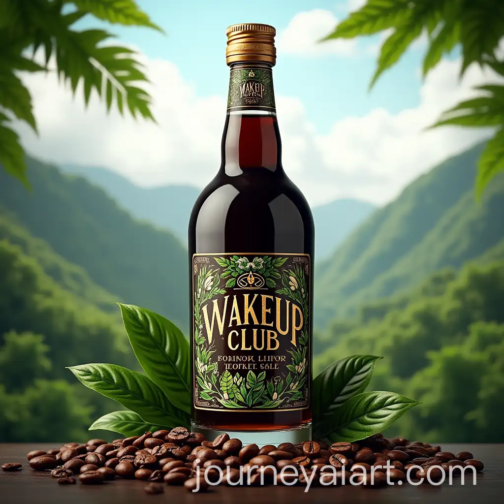 WakeUpClubAI-Art-Prompt-Expansion-Coffee-Liquor-Bottle-with-Tropical-Foliage-and-Coffee-Beans