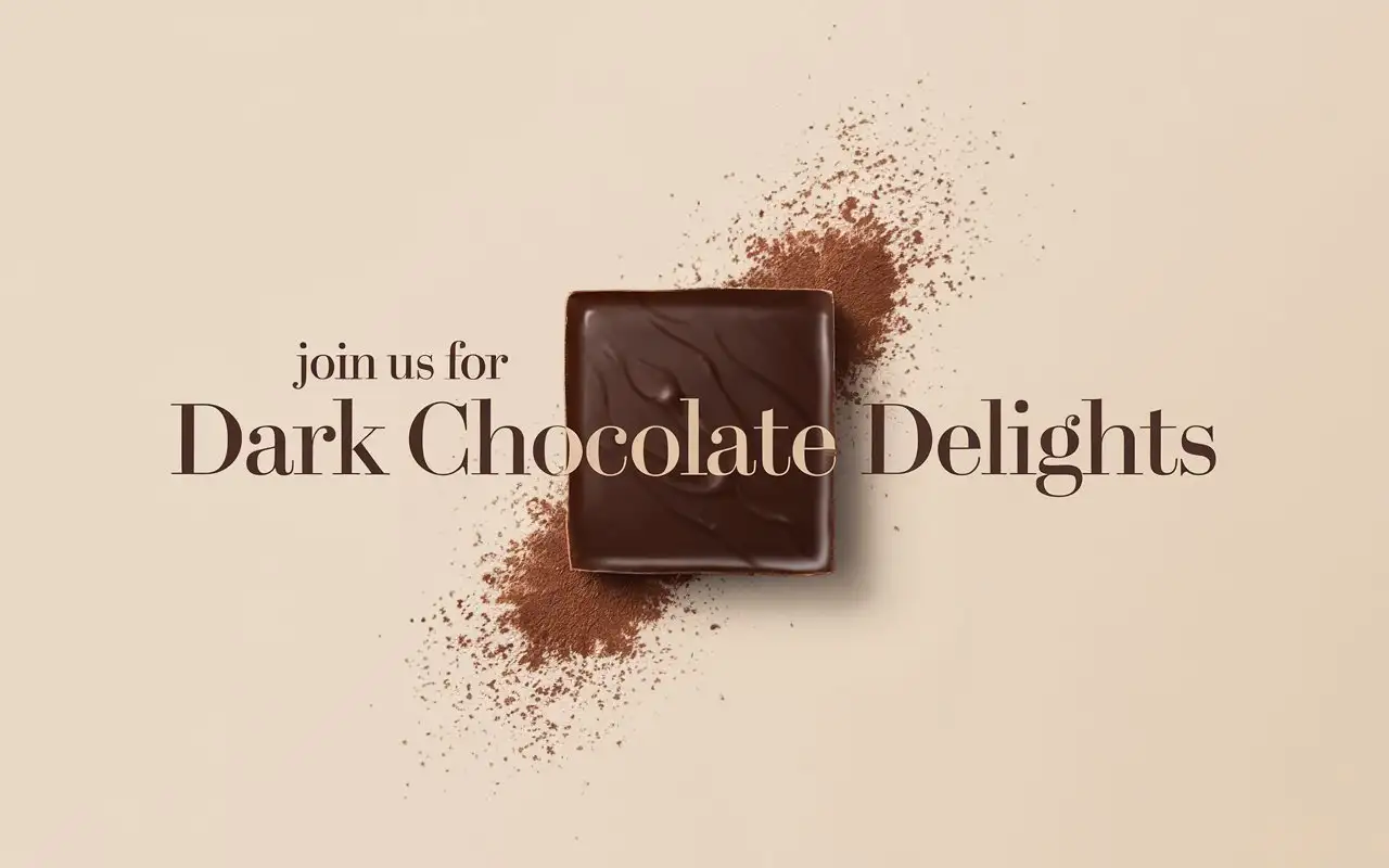 A minimalist design showcasing a square piece of dark chocolate with a delicate cocoa dust effect on a soft beige background. The text Join Us for Dark Chocolate Delights is displayed in sleek, modern font, creating a clean and enticing look.