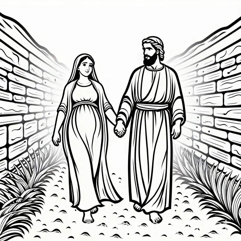 a very simple coloring page of a very pregnant Mary and Joseph from the Bible walking without anything else in the picture, Coloring Page, black and white, line art, white background, Simplicity, Ample White Space. The background of the coloring page is plain white to make it easy for young children to color within the lines. The outlines of all the subjects are easy to distinguish, making it simple for kids to color without too much difficulty