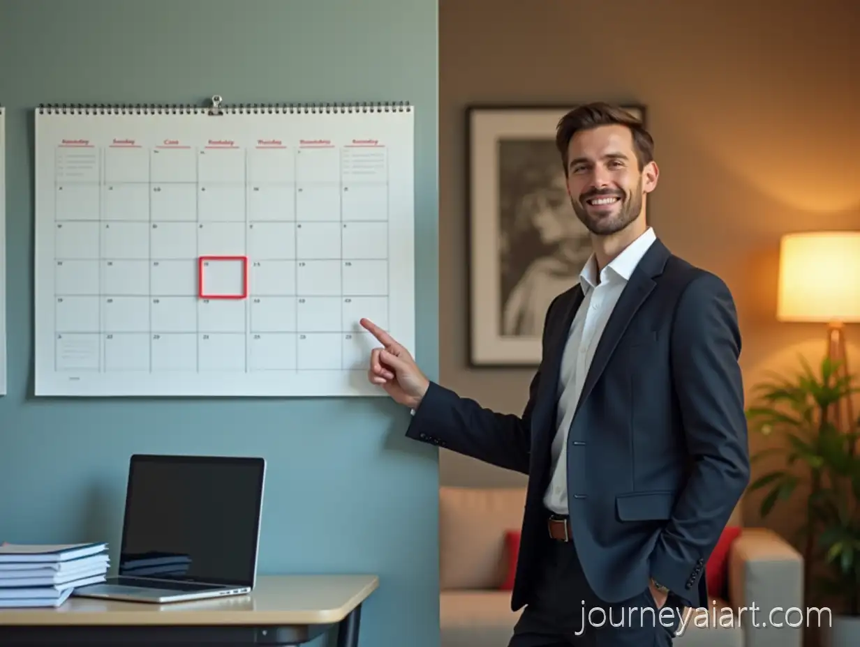 Professional-Businessperson-Pointing-at-Highlighted-Calendar-Date-in-Modern-Office-and-Cozy-Home-Split-Background