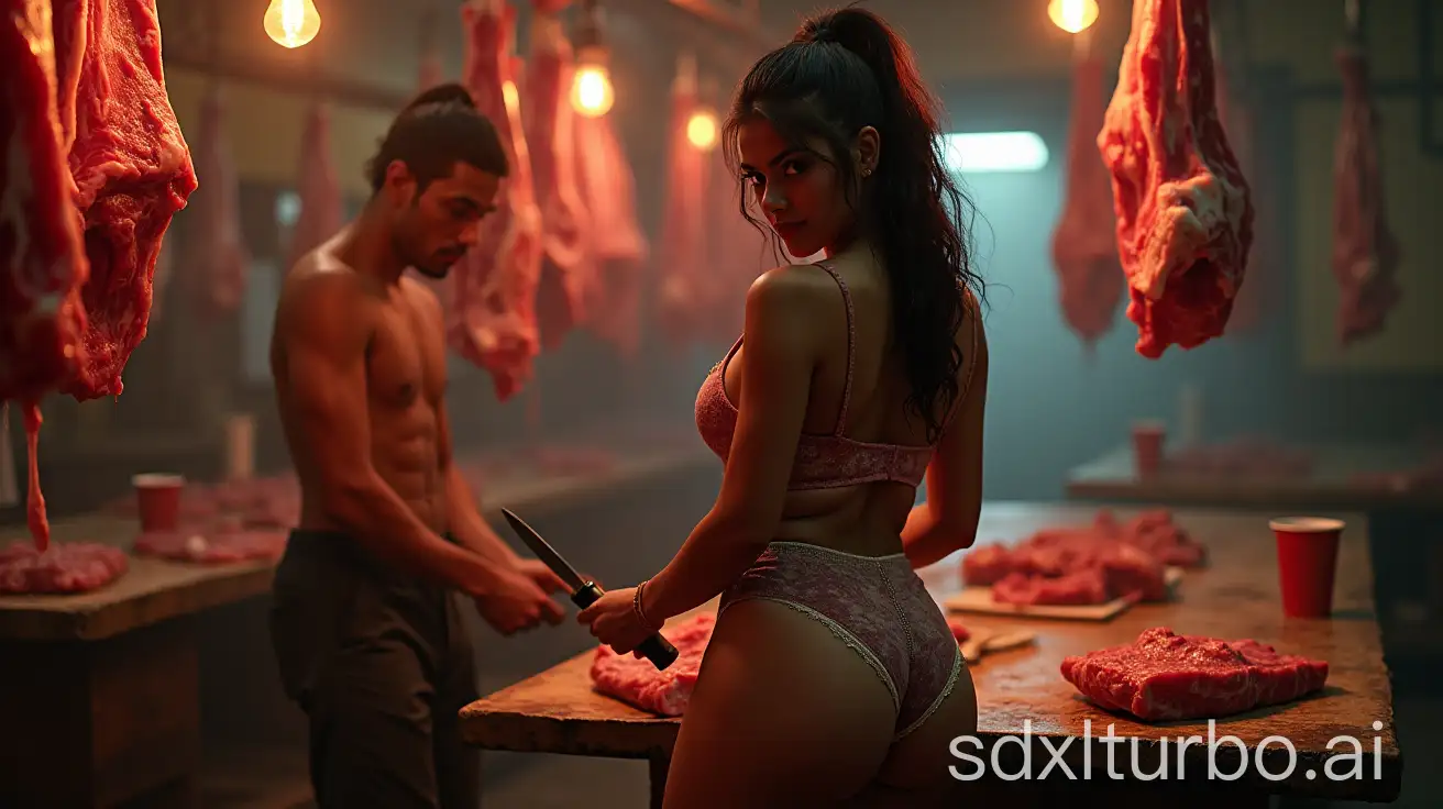 full view , rear view of a woman looking over shoulder, Indian , wide hip , thick thighs , thick , curvy , V-shaped panties , boots , evil smile , chopping steak with a knife on a table , meat processing plant , meat hanging , colorful , intricate details, realistic textures, dramatic lighting photo, epic narrative unfolding in every vibrant detail, Depth Of Field, Raw photography