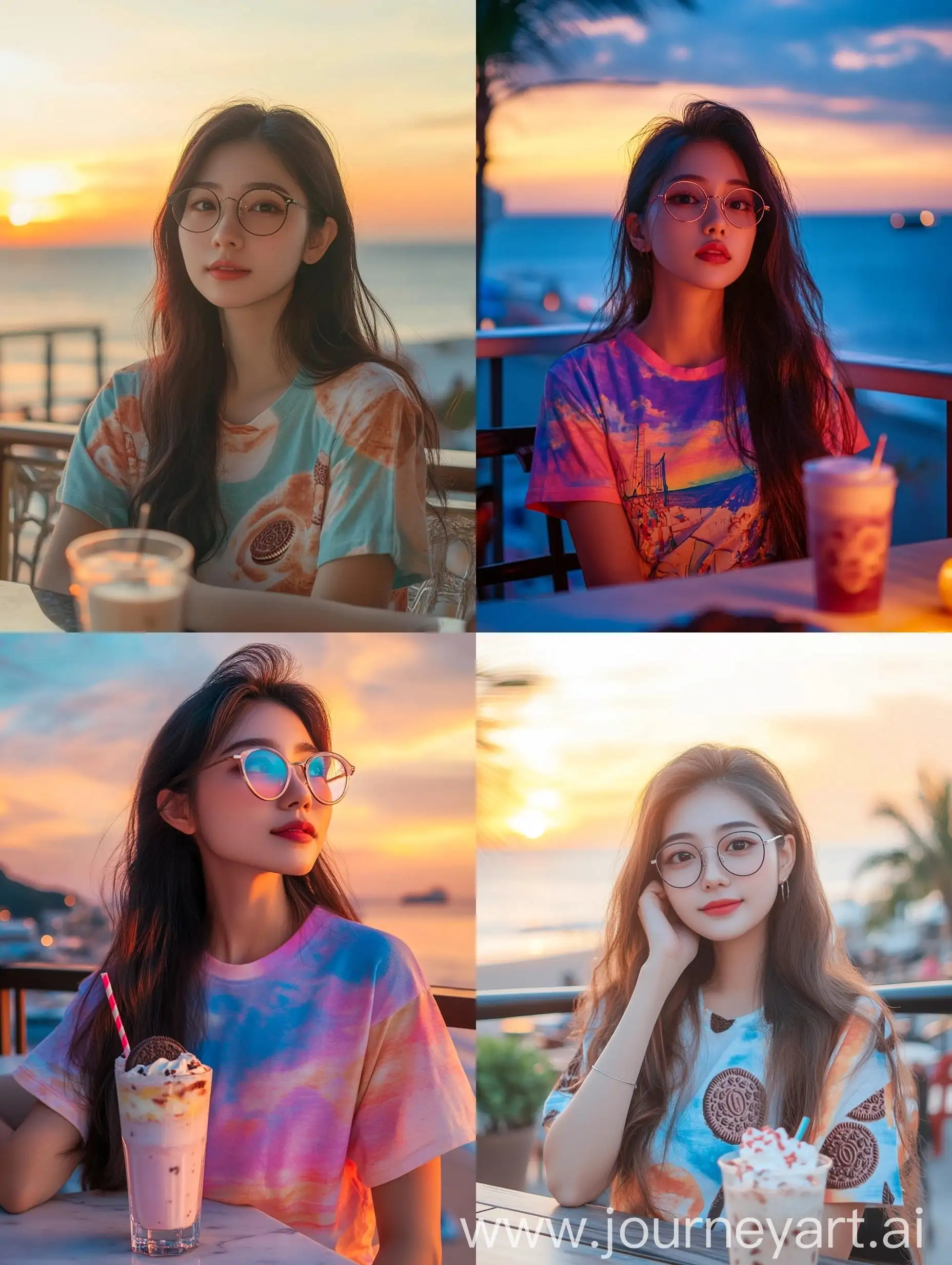 Happy-Asian-Woman-Enjoying-Choco-Oreo-Milkshake-at-Beachside-Restaurant