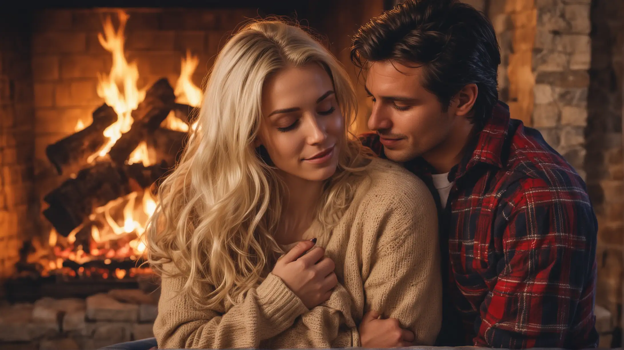 Couple Cuddling by a Cozy Fireplace