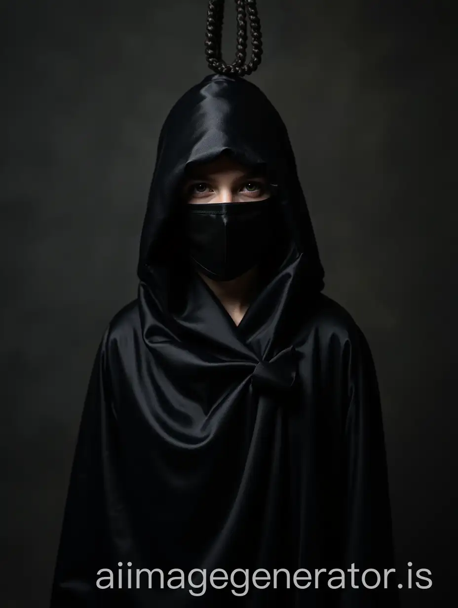 executioner girl, masked with a shiny black silk executioners hood leaving only the eyes visible, wearing a shiny black silk robe, standing under a gallows.