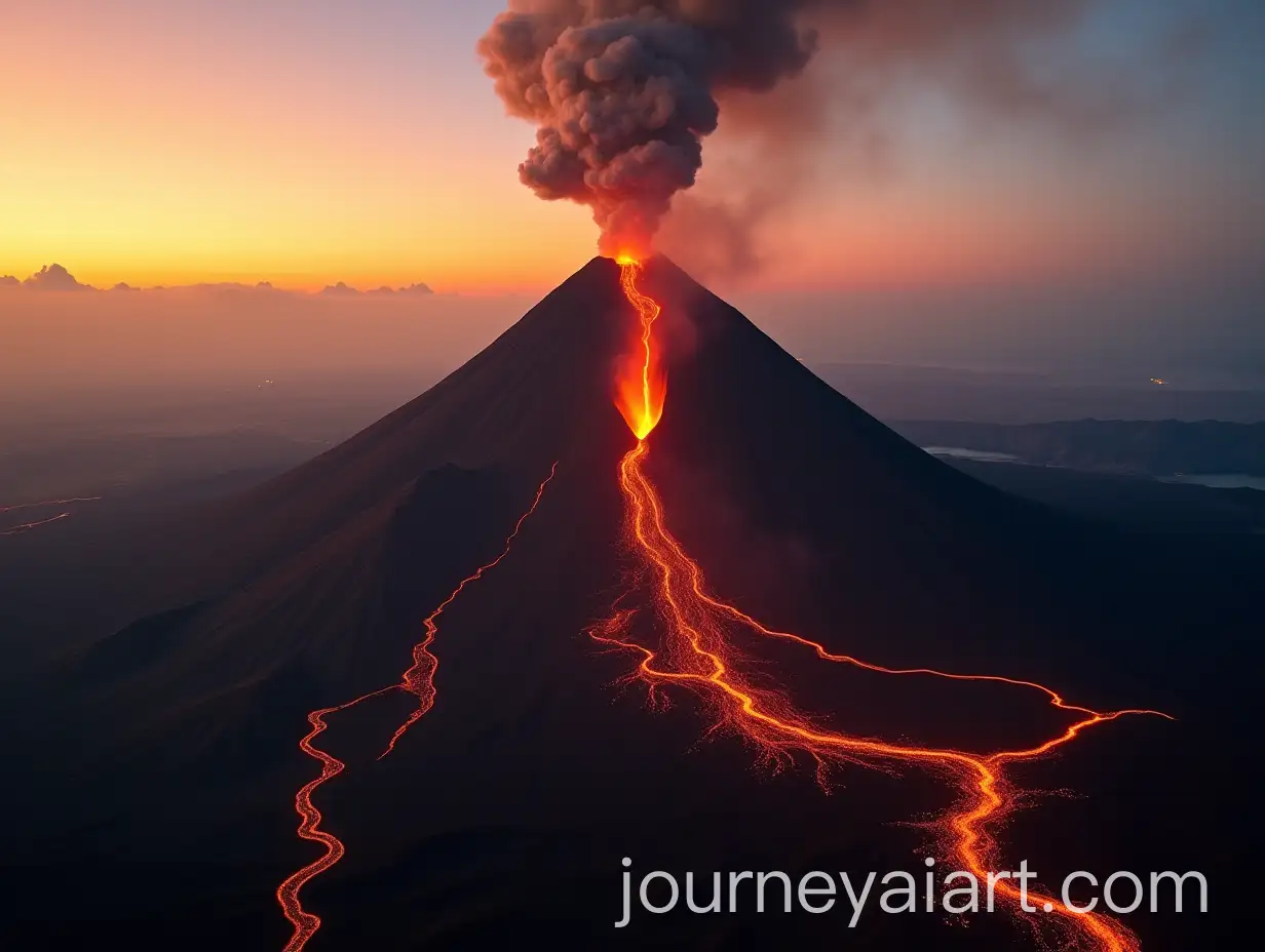 Erupting-Volcano-at-Sunset-with-Glowing-Lava-and-Ash-Clouds