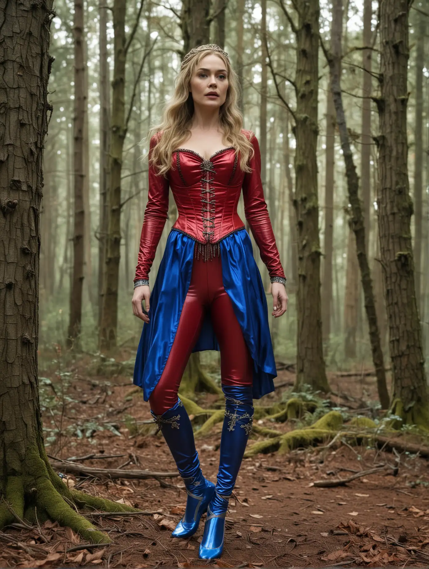 Cersei Lennister, in einer roten glänzenden Unterbrustcorsage,  blauen glänzenden leggings, mit silbernen Ballettschläppchen, zwischen zwei Bäumen gekreuzigt, im Wald