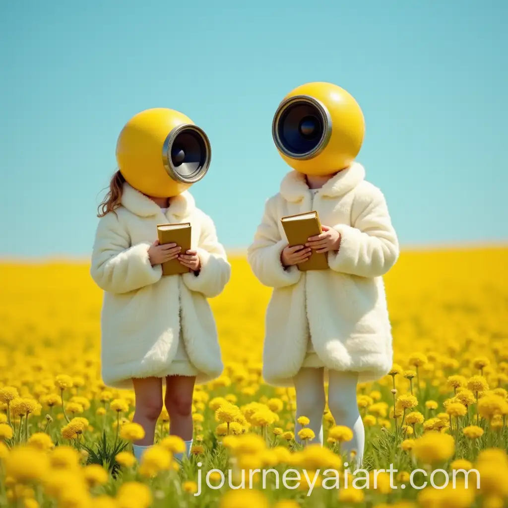 Children-in-Wool-Outfits-with-Radio-Speaker-Heads-in-Flower-Field
