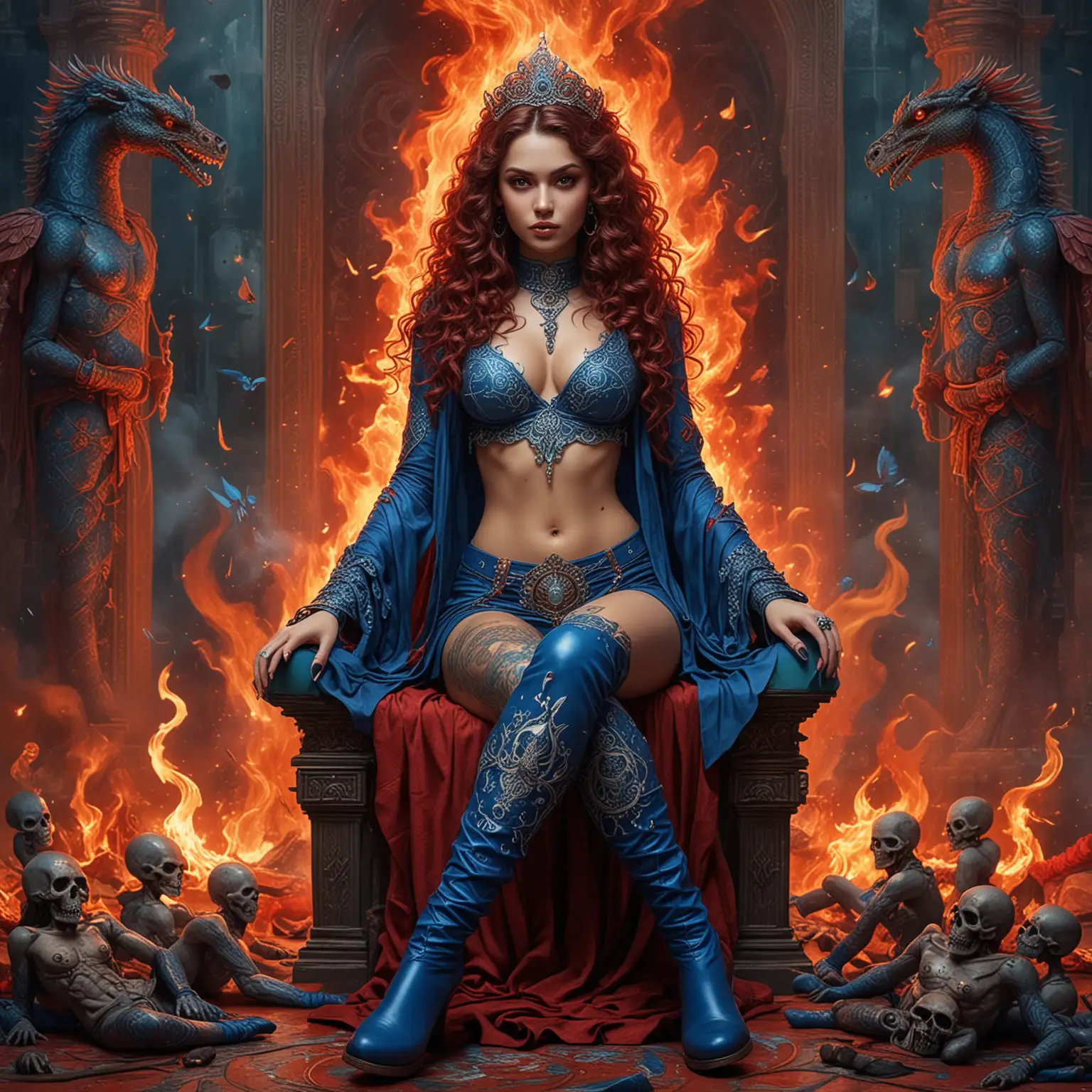 Goddess Empress Sorceress Surrounded by Fire and Dragons