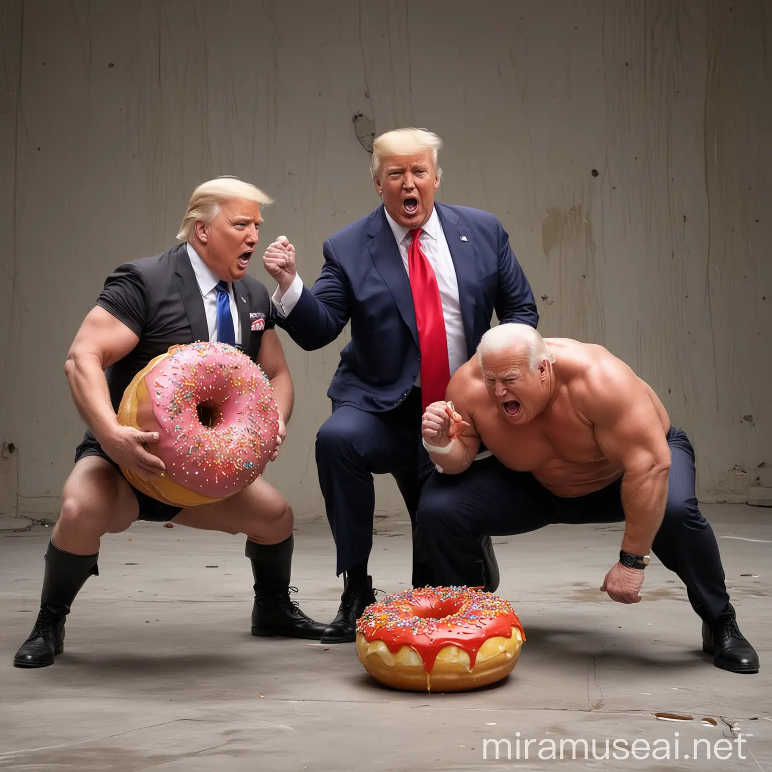 Political Figures Wrestling with Giant Food Items