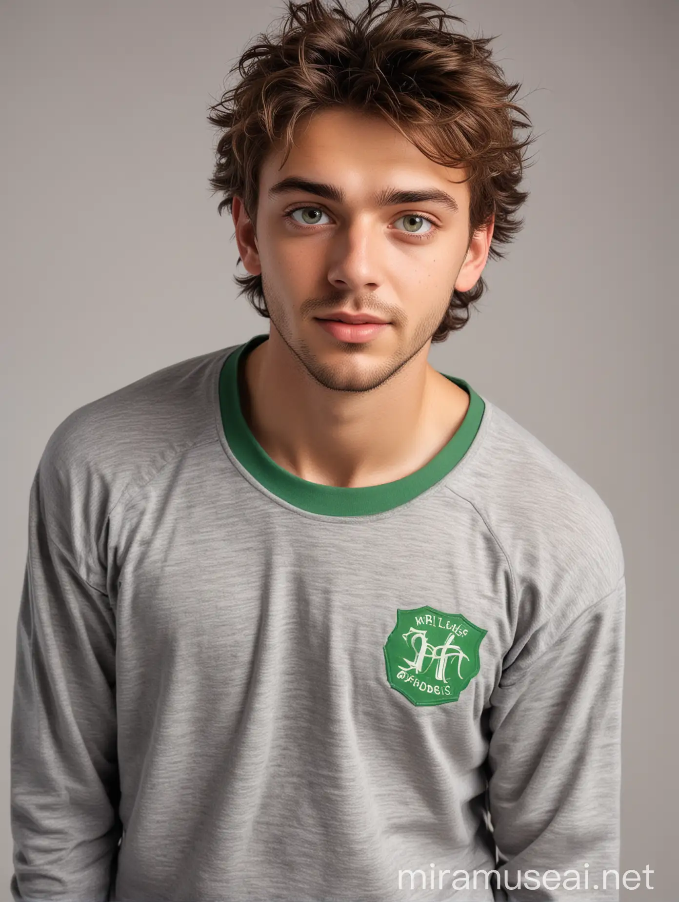 Handsome Young Man with Mischievous Green Eyes in Loose Training Uniform