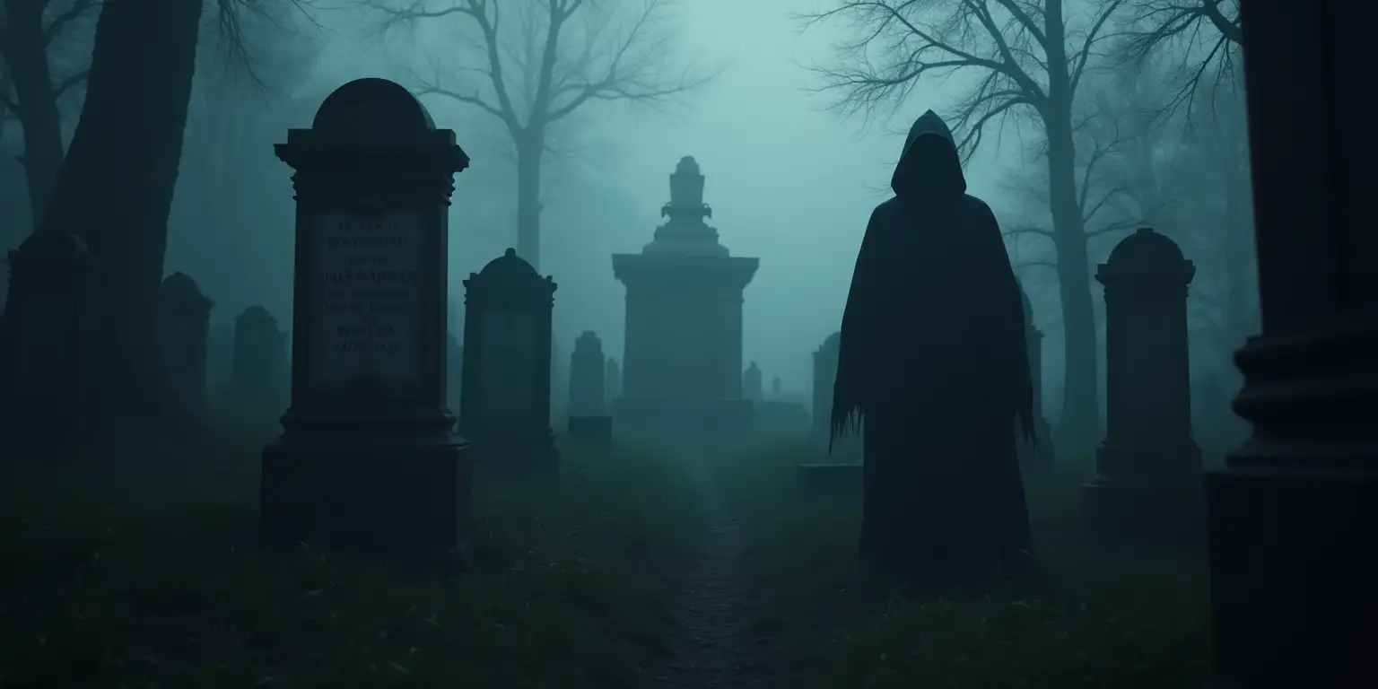 Mysterious Figure in a Haunted Cemetery Under Dark Fog