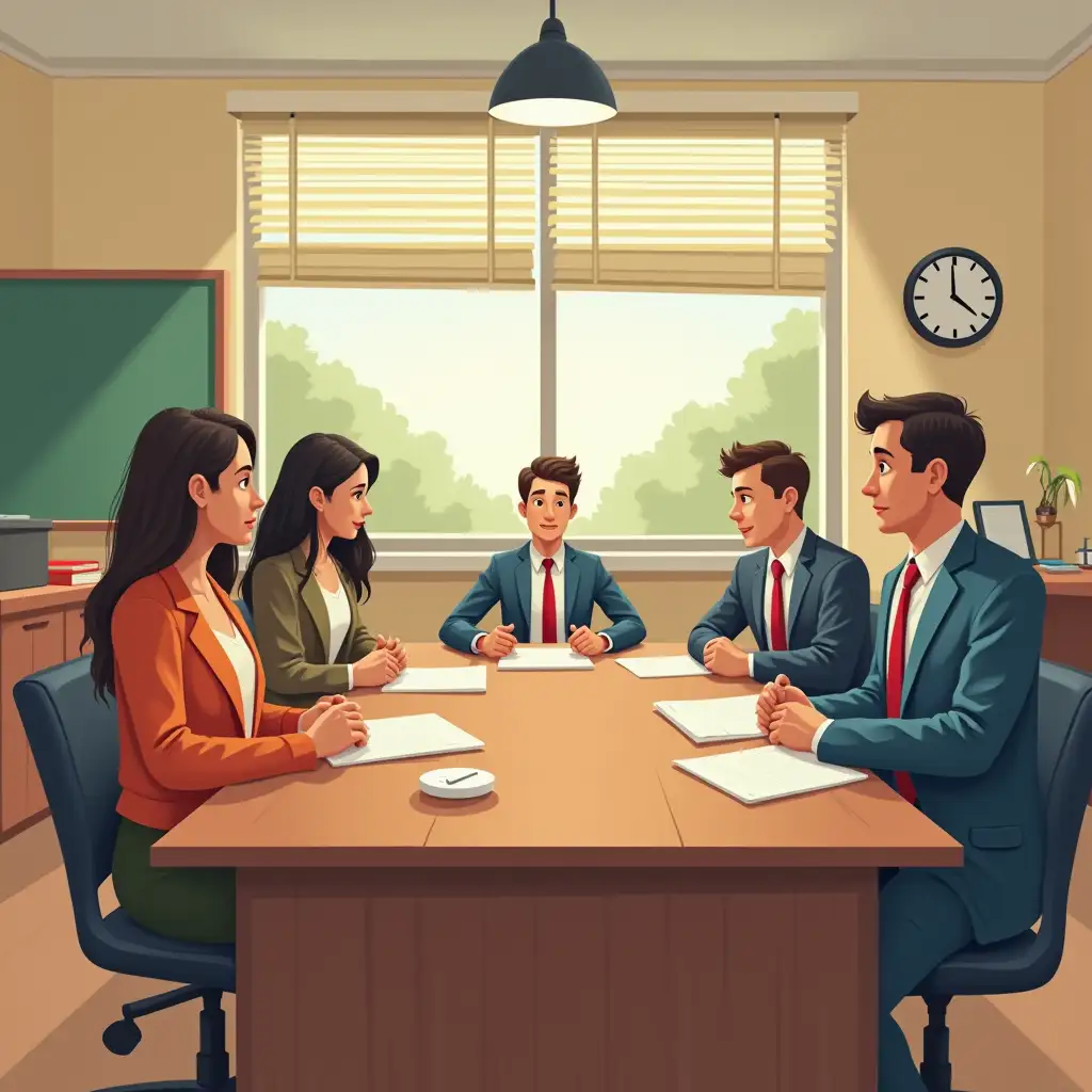 An image with characters conducting a board of trustees meeting at school