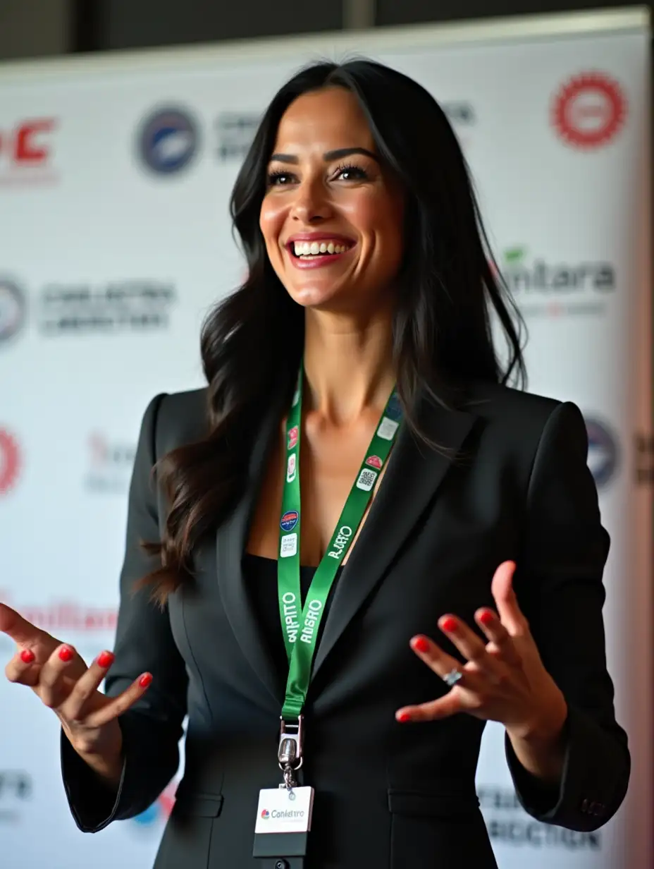 The performance of a beautiful woman is interrupted in mid-sentence. She has long black hair that cascades over her shoulders, framing a beaming, smiling face. Her European features are accentuated by warm, tanned skin and bright, expressive eyes. She speaks passionately, gesturing with her left hand, showing off a bright red manicure. The woman is wearing a strict business suit, and she has a green lace around her neck with numerous badges and logos. The label 'Cagliostro Laboratory' is clearly visible on the lace. Behind her is a blurred background with a white banner containing logos and text indicating a professional setting or a conference venue. The overall picture reflects the energy and vividness of her presentation.