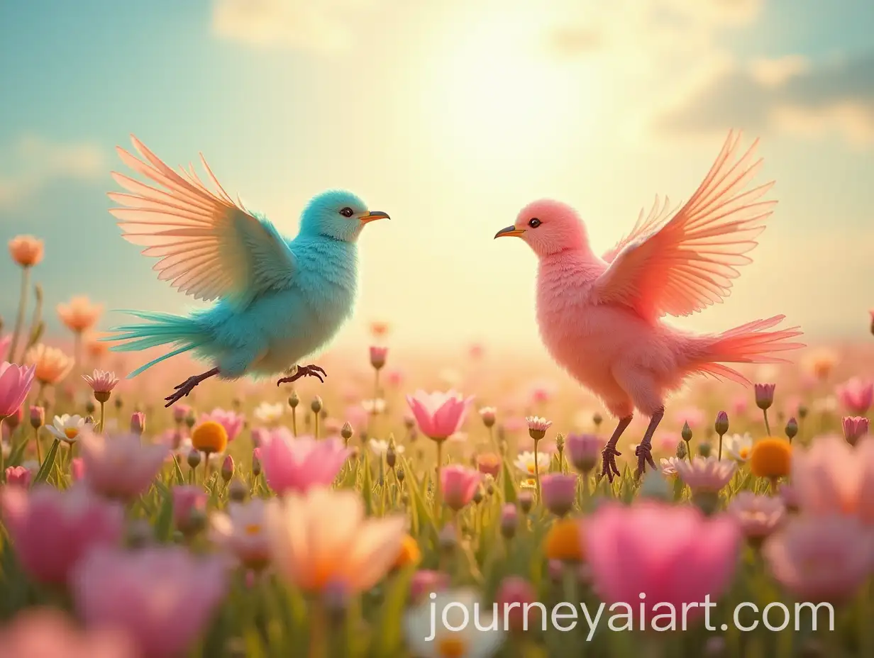 Colorful-Pyrrhuras-Playing-in-a-Pastel-Flower-Field-Under-Sunlight