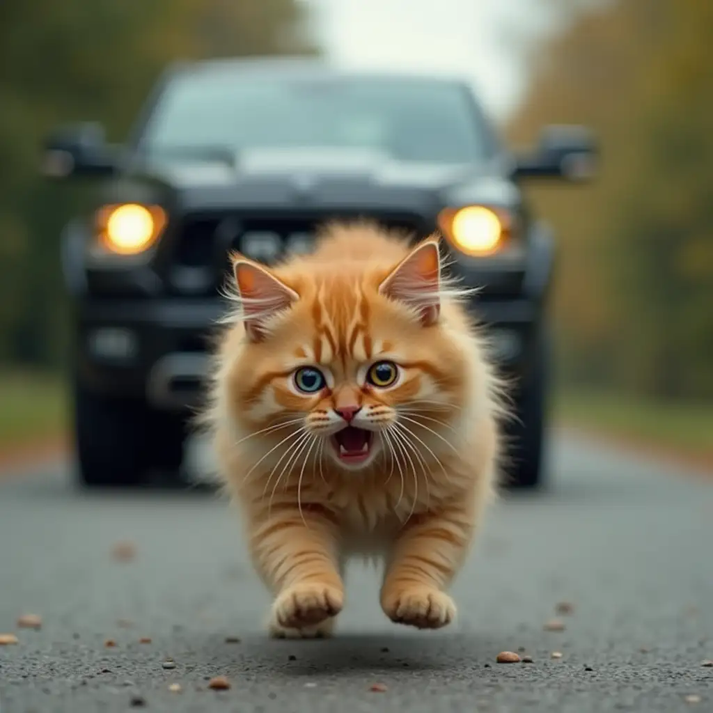 A fluffy ginger cat, in horror, runs along the road, one eye blue, the other yellow, a large black RAM TRX car is chasing it