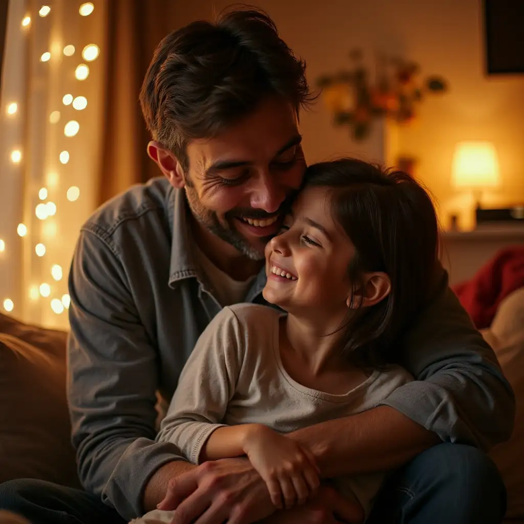 In a warmly lit living room, a Pakistani middle aged father shares a tender moment with his young daughter, embracing her with a loving hug. Their smiles radiate pure joy and contentment, reflecting a deep bond between parent and child. In the background, the soft glow of fairy lights and a television add a comfortable, festive atmosphere to the setting, emphasizing the warmth and love that fills the room.