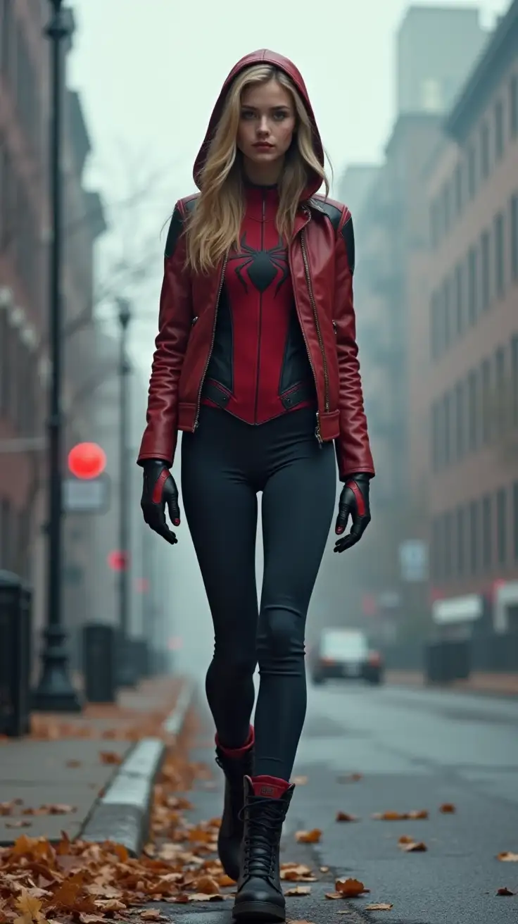 attractive 14 year old slender spiderwoman, full length shot, highly detailed, combat boots, foggy autumn surroundings, streets of new york city