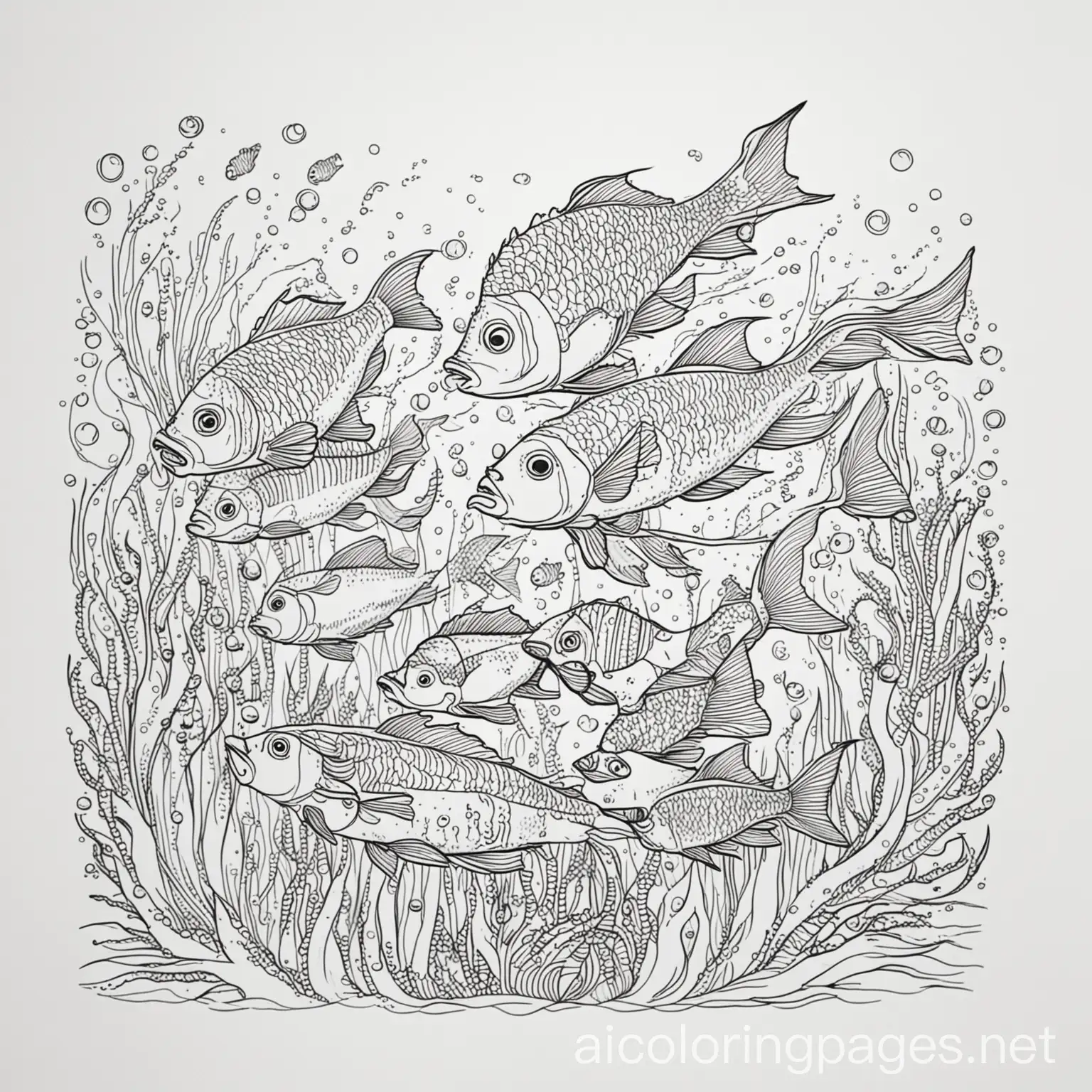 many fish swimming, Coloring Page, black and white, line art, white background, Simplicity, Ample White Space. The background of the coloring page is plain white to make it easy for young children to color within the lines. The outlines of all the subjects are easy to distinguish, making it simple for kids to color without too much difficulty