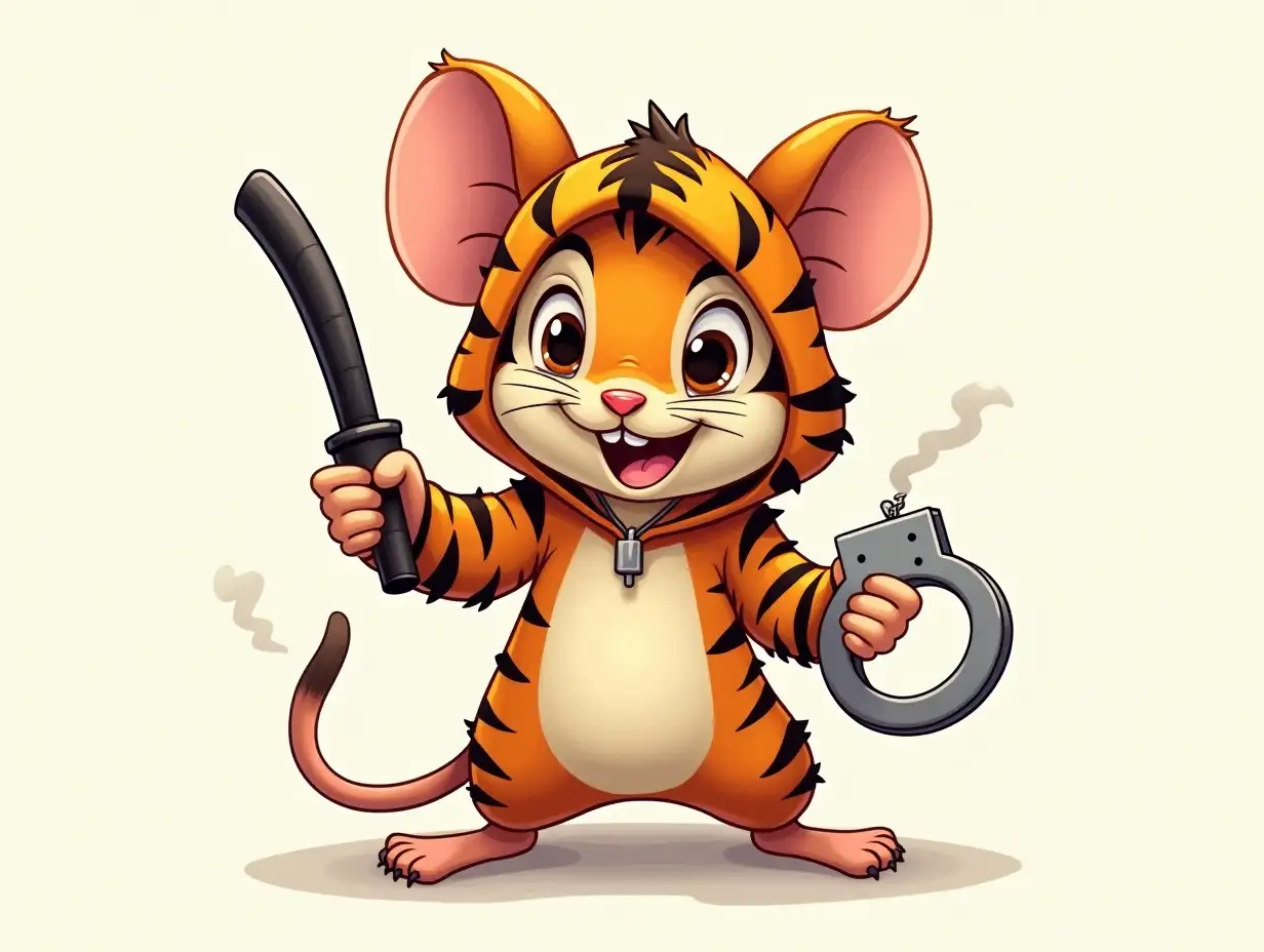 Draw a mouse in a tiger costume with handcuffs in its right paw and a black leather whip in its left paw. High-quality image for a poster