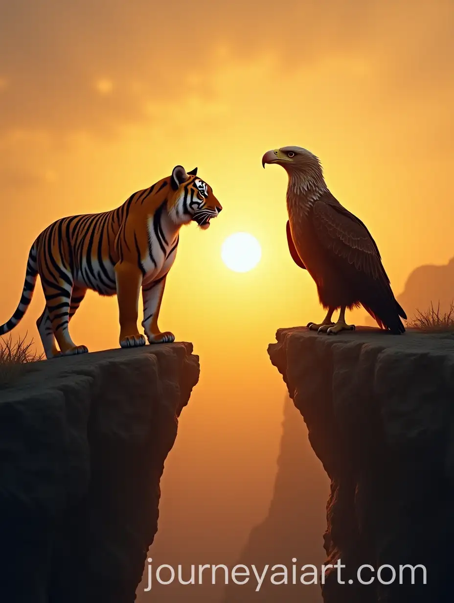 Tiger-and-Eagle-Facing-Each-Other-on-a-Cliff-at-Sunrise