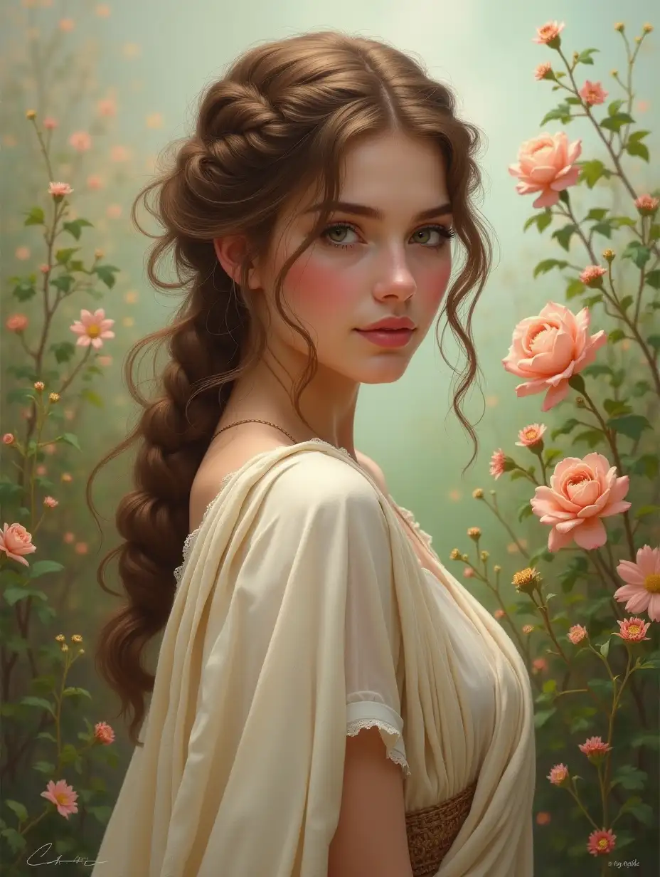 Mystical-Young-Woman-in-Roman-Clothing-Surrounded-by-Flowers-and-Plants