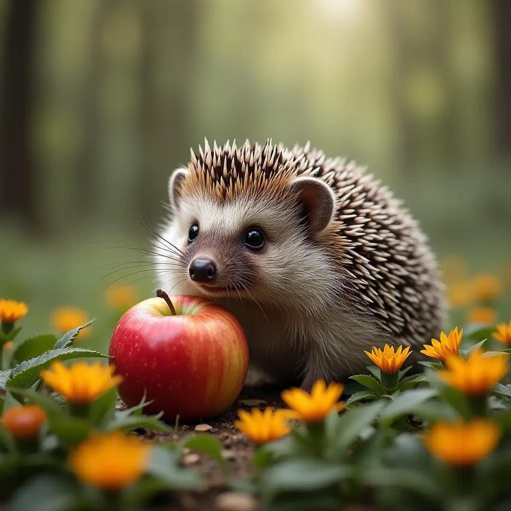 Hedgehog with an apple among forest flowers