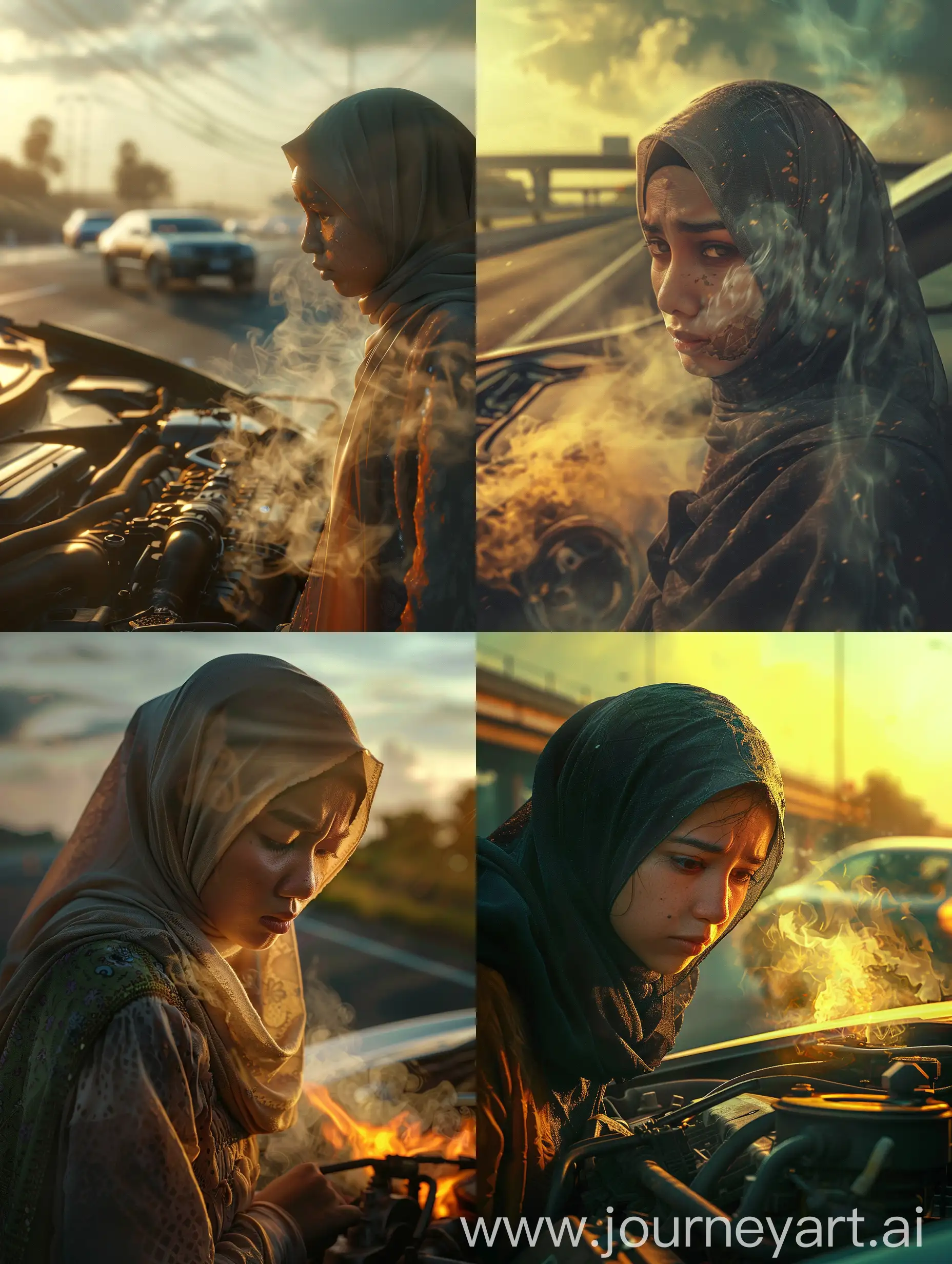 Malay-Woman-in-Hijab-with-Broken-Down-Car-on-Highway-at-Sunset