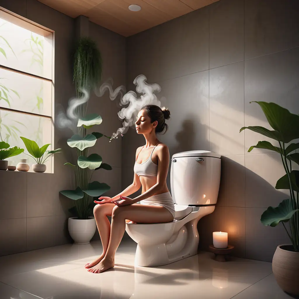 A serene person sitting on a modern, minimalist toilet in a meditative pose, eyes closed, hands resting calmly on knees in lotus position, surrounded by a peaceful Zen-like bathroom setting, soft natural lighting, plants placed in the corners of the room, light steam or mist creating a tranquil atmosphere, a subtle glow around the person as if radiating calm energy, highly detailed, hyperrealistic style, clean environment, focused on harmony and mindfulness.put the legs down. put legs down cartoon.