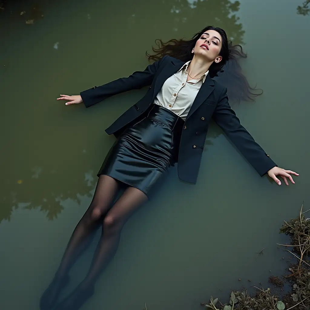 A girl in business suit (clothes look wet and stick to the body) with a jacket, skirt, blouse, dark tights, and high-heeled shoes. Swimming in a dirty pond. Lying in the water. Underwater body. Clothes are completely wet (wet clothing),(Wet),(messy).