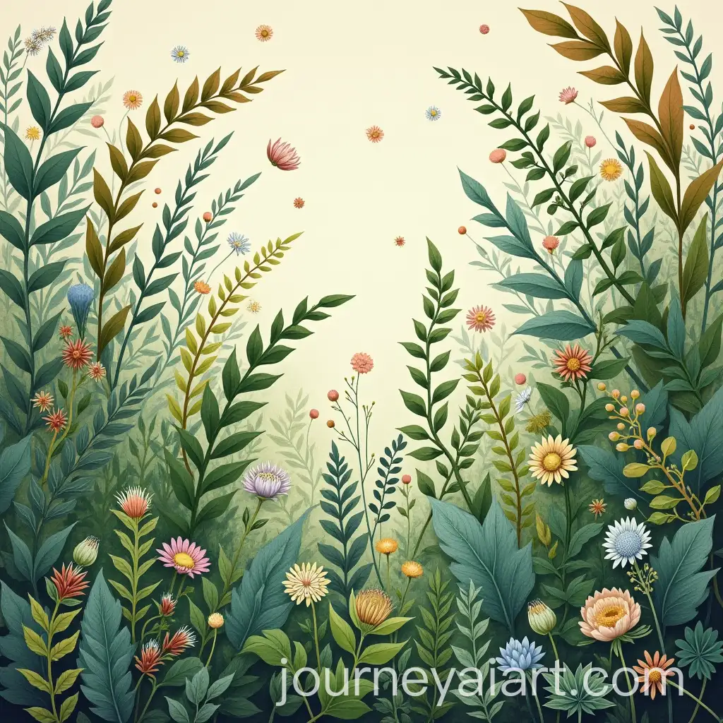 Floral-Mural-with-Lush-Green-Plants-and-Vibrant-Botanical-Elements