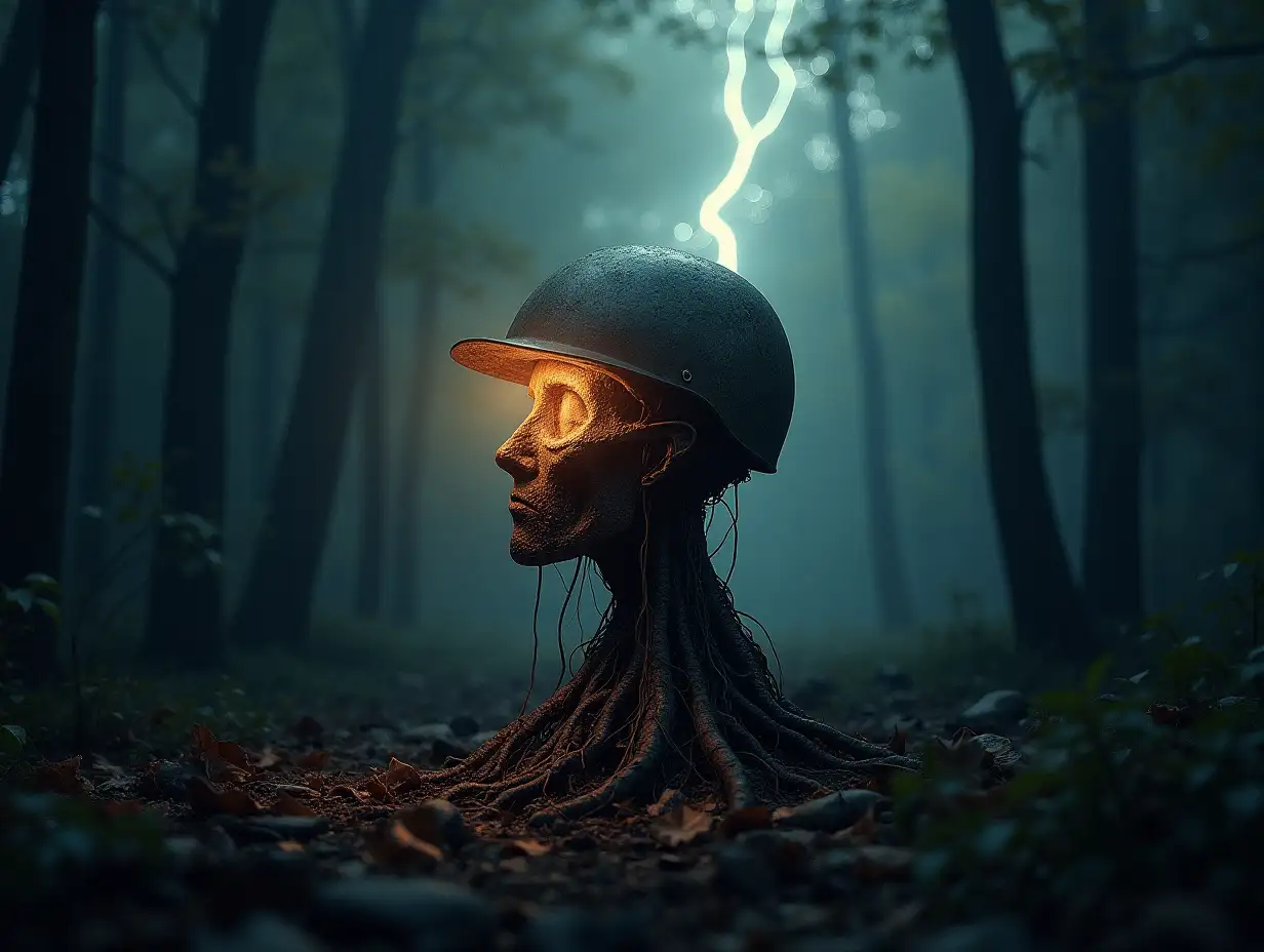 Head with helmet,Roots turning into building in the forest with lighting