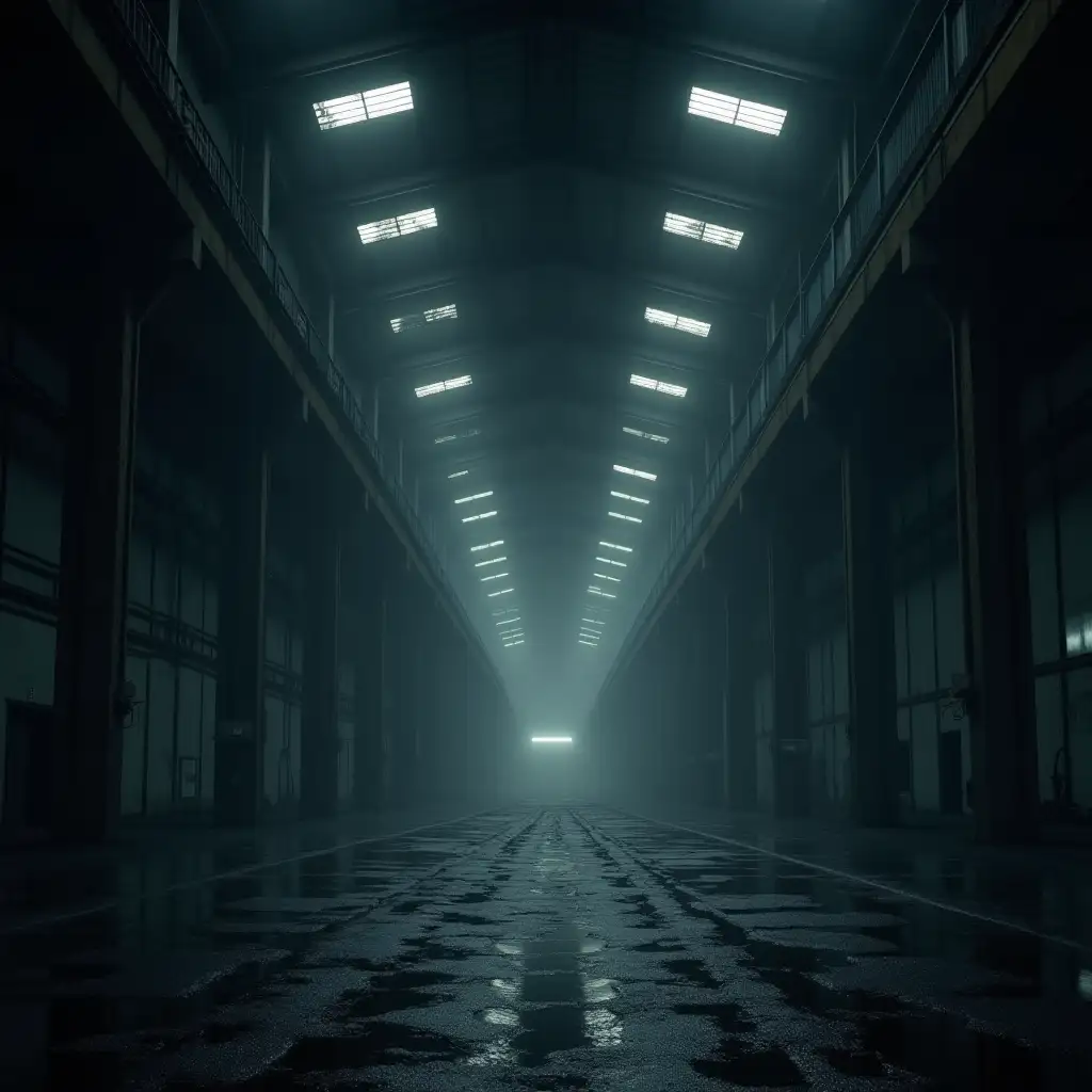 huge warehouse in alaska, dark eerie environment