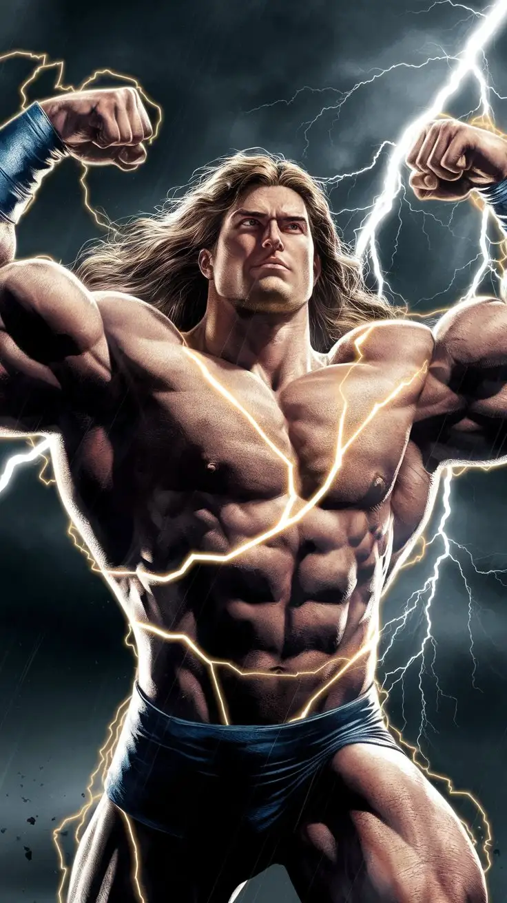 Supercharged brawn. Herculean powers. Golden electric glow. 35 years old. Superhero. Flexing triumphantly in a lightning storm. Long hair. Photorealistic.