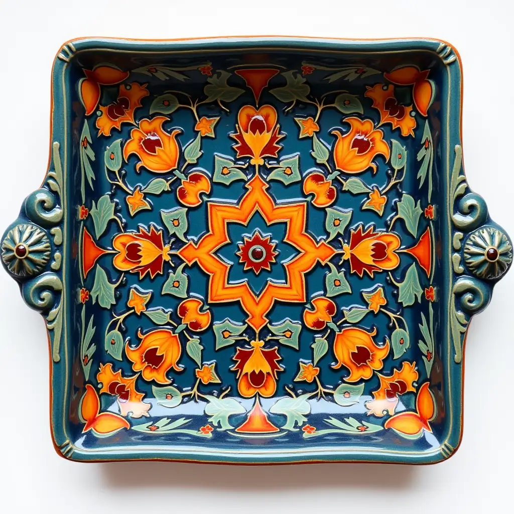 Square with rounded corners ceramic serving dish with embossed beautiful handle,Fine art, Hyper detailed,Antique and old, Qajar art, Iranian Tabriz carpet design