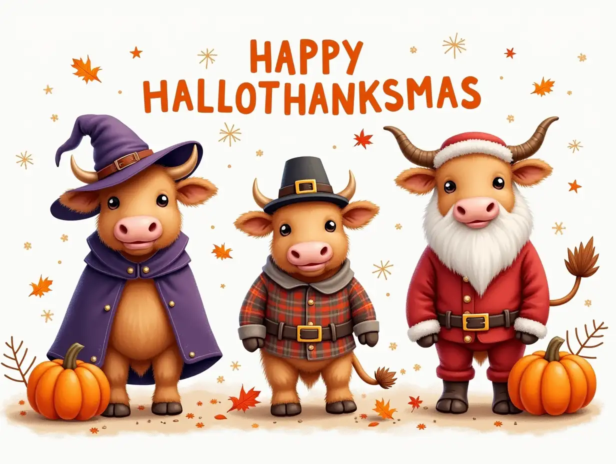 Oil painting ART.  Create a seasonal featuring three adorable Highland cows dressed in festive costumes. The first cow should be a witch wearing a purple cape and a pointed hat, the second should be a pilgrim wearing a plaid shirt and a pilgrim hat, and the third should be a Santa Claus wearing a red suit and a hat. Each cow should be surrounded by appropriate seasonal elements, such as pumpkins for Halloween, autumn leaves for Thanksgiving, and snowflakes for Christmas. The text 'HAPPY HALLOTHANKSMAS' should be prominently displayed in bold, contrasting fonts, with a playful, handwritten style. The overall style should be lighthearted and fun, with a focus on the cuteness of the cows and the festive atmosphere of each season.