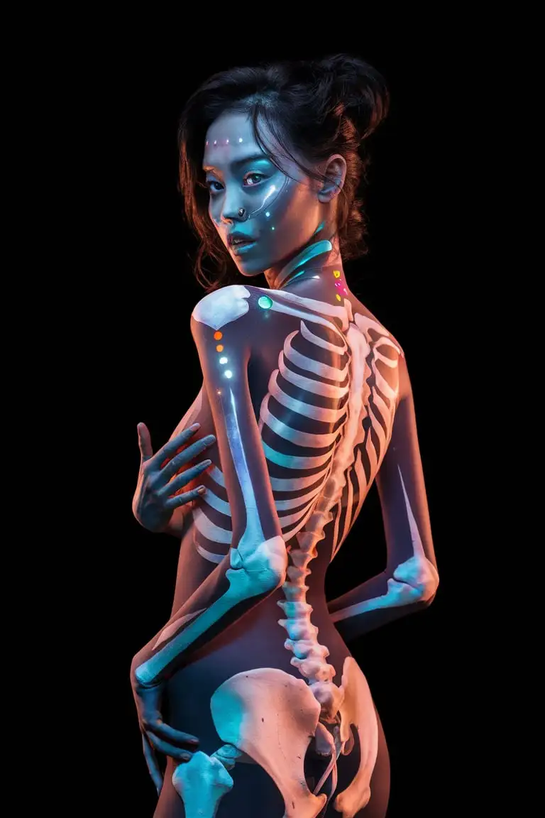 Asian-Woman-with-Transparent-Skin-and-Bioluminescent-Patterns-in-Orange-Light