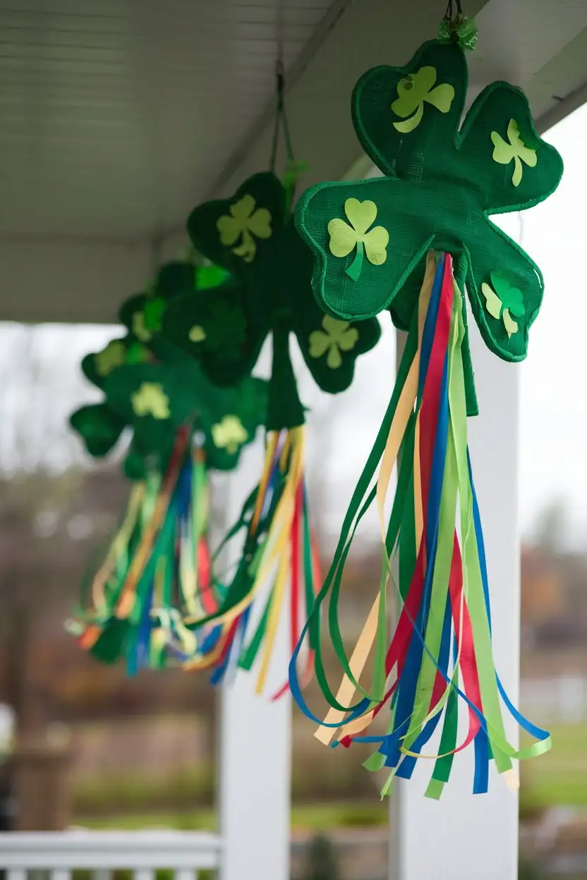 Image of several green shamrock windsocks hanging outdoors, blowing gently in the wind. The windsocks are decorated with shamrock cutouts and colorful streamers.  The background is a blurred garden or porch scene.  Whimsical, breezy, windsock craft, outdoor setting, slightly overcast lighting, realistic