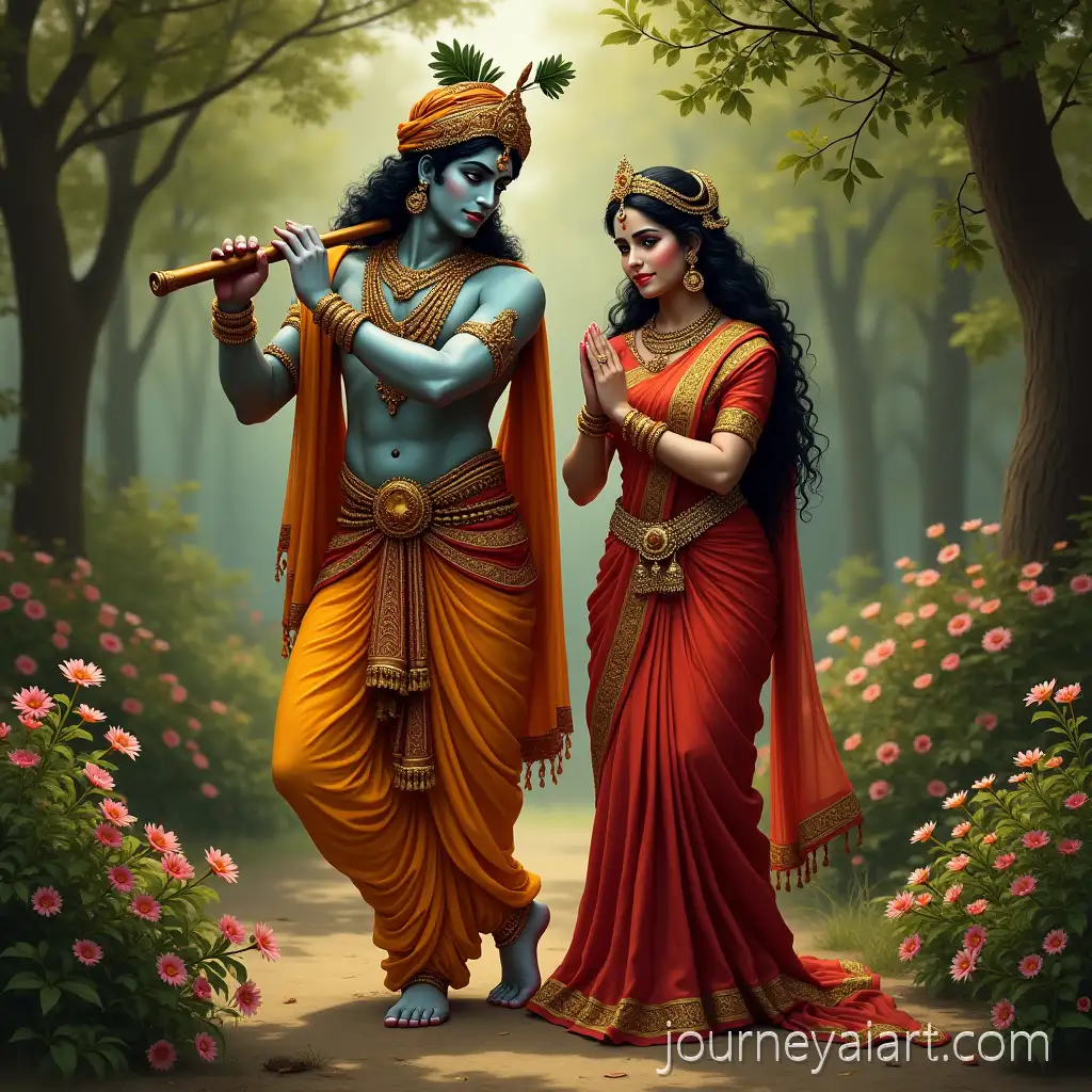 Radha-and-Krishna-in-a-Lush-Divine-Garden-Playing-Flute-Music-in-Elegant-Traditional-Attire