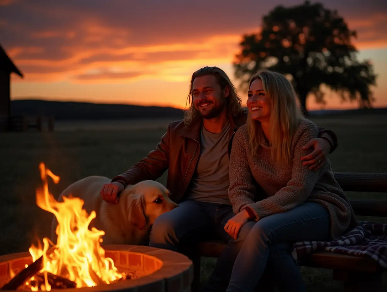 As the sun dips below the horizon, painting the sky in fiery shades of orange and deep purple, a handsome man with long blond hair sits beside a crackling firepit on his ranch, his strong arms wrapped around his beautiful blond-haired wife. They sit on a rustic wooden bench, wrapped in a soft flannel blanket, enjoying the warmth of the fire as their loyal golden retriever rests at their feet. The man wears a rugged brown leather jacket over a gray henley shirt, his long hair catching the flickering firelight. His wife, dressed in a cozy knit sweater and jeans, leans into him, her golden locks shimmering as she smiles contentedly. The fire casts a warm glow on their faces, and beyond them, the silhouettes of a wooden barn and a towering oak tree stand against the star-studded night sky. The faint sound of crickets and the occasional distant howl of a coyote complete the peaceful atmosphere. It’s a perfect, intimate moment—a love story written in firelight and country air.