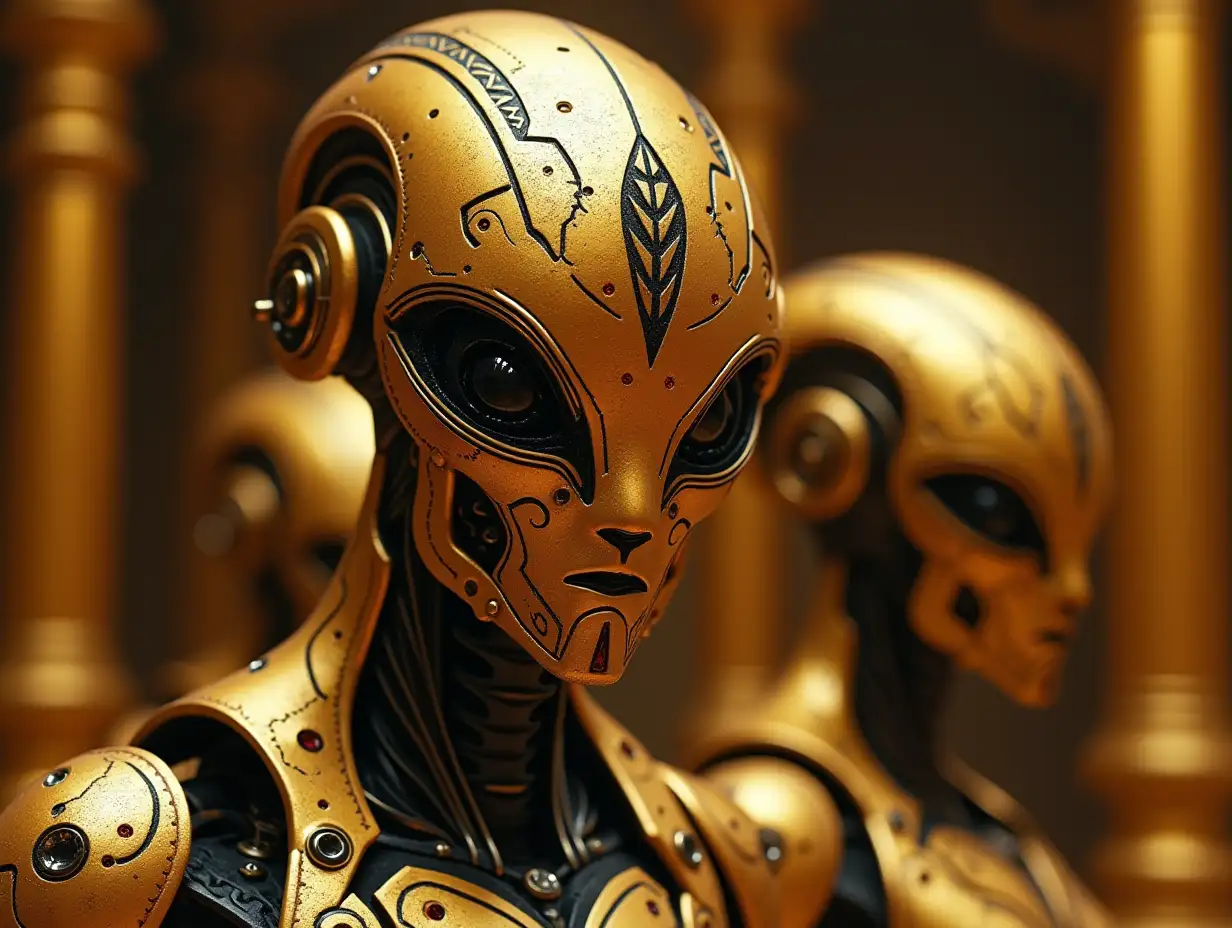 Gold and glass with black ornaments, Robot with young black-red patterns, alien face, long neck, sharp chin, expressing anger on their faces, modern, in a temple made of much gold, in various shades, 4K, Colorfu.