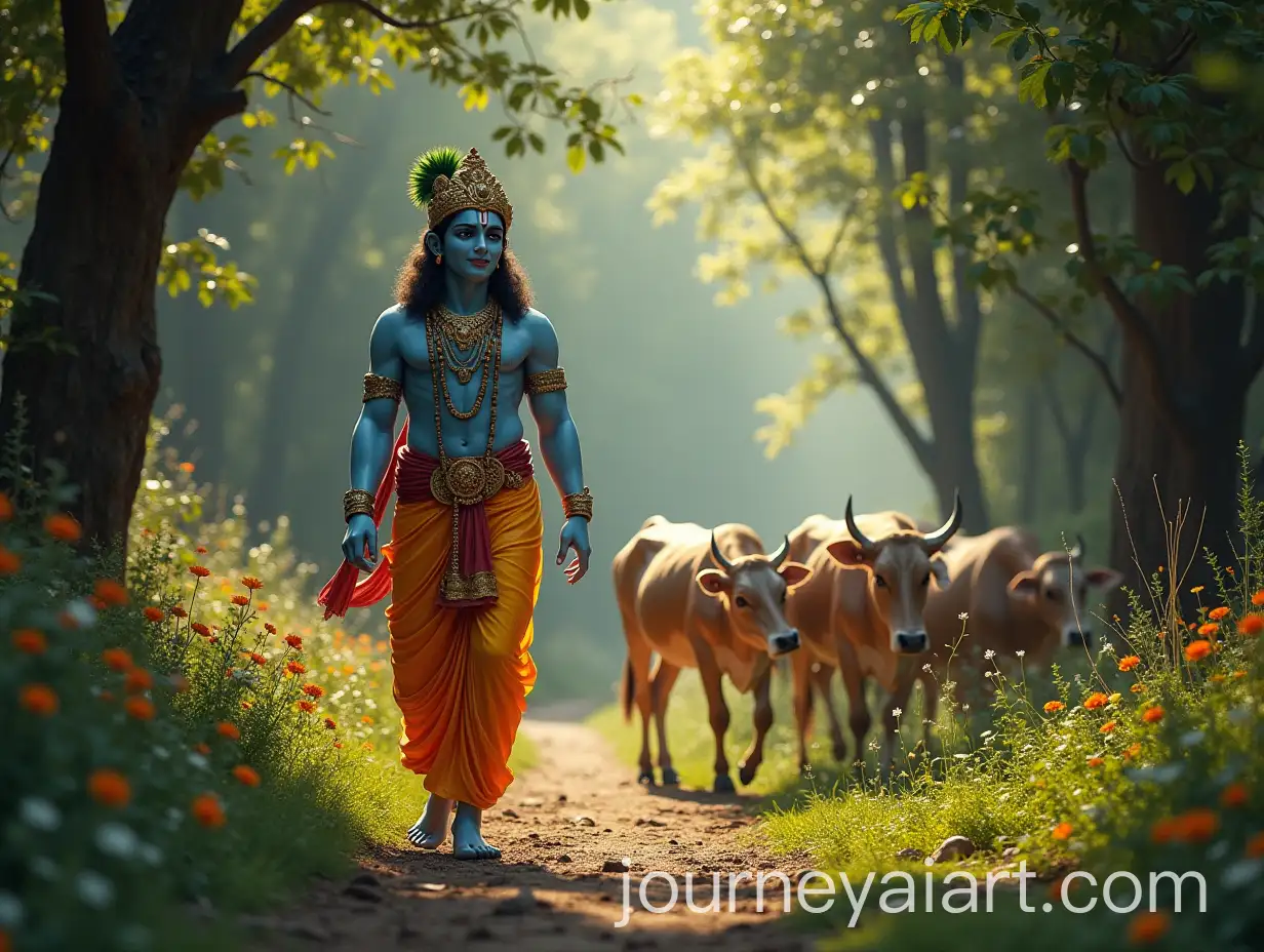 Lord-Krishna-Walking-in-the-Jungle-Surrounded-by-Flowers-and-Cows