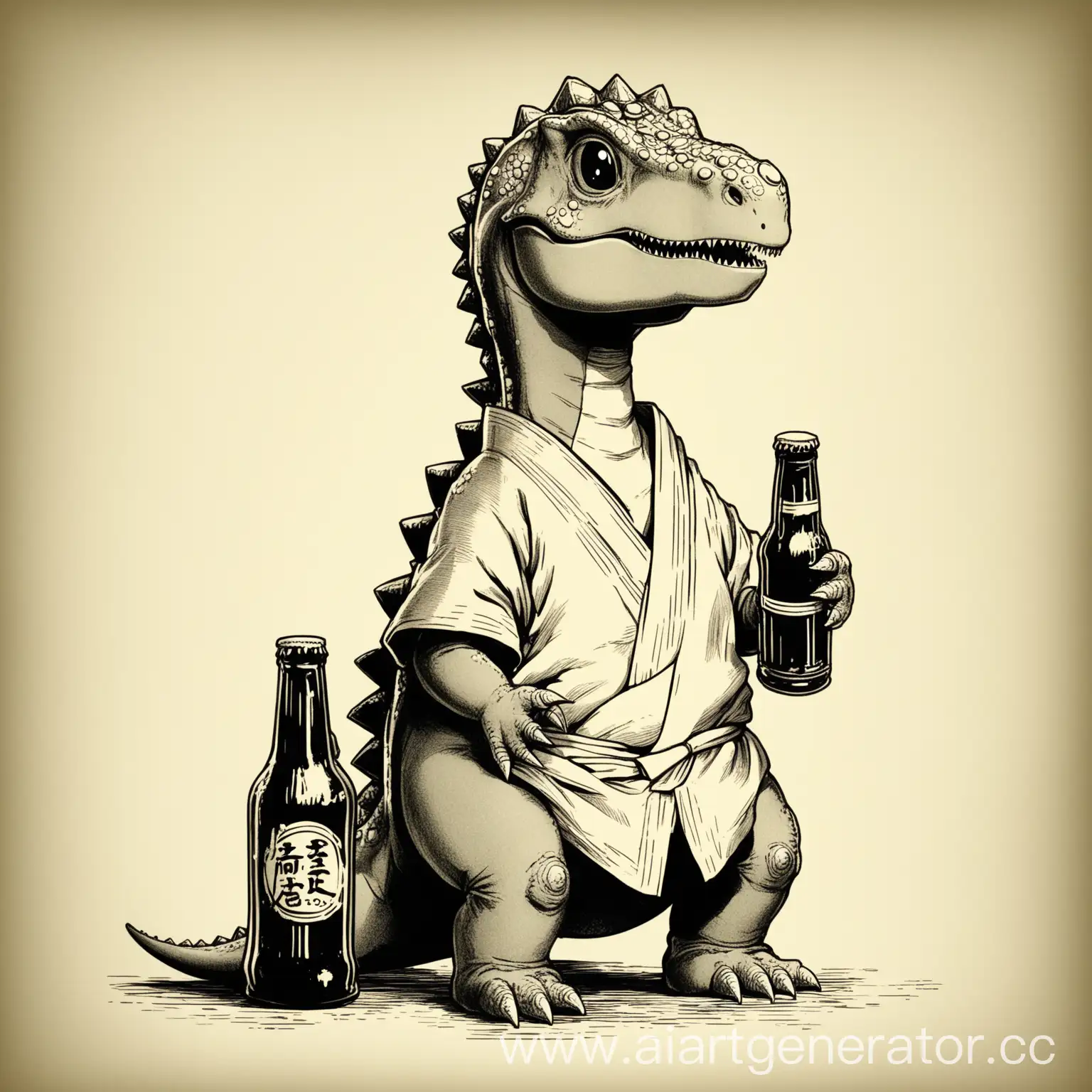 Little-Dinosaur-in-Regular-Clothes-with-Beer-Bottle-on-Monochrome-Background