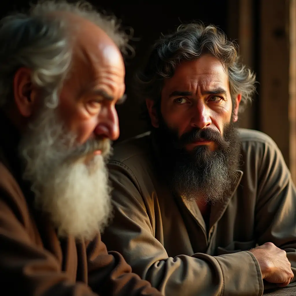 Close-up of the man’s face, filled with curiosity and a slight frown as he asks a deep, thought-provoking question. The dervish remains calm and thoughtful, sitting with a gentle but wise expression. The warm sunlight highlights their faces, adding a cinematic contrast to the rustic background.