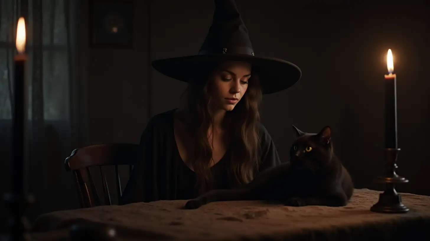 Young Witch and Black Cat in Candlelit Cabin