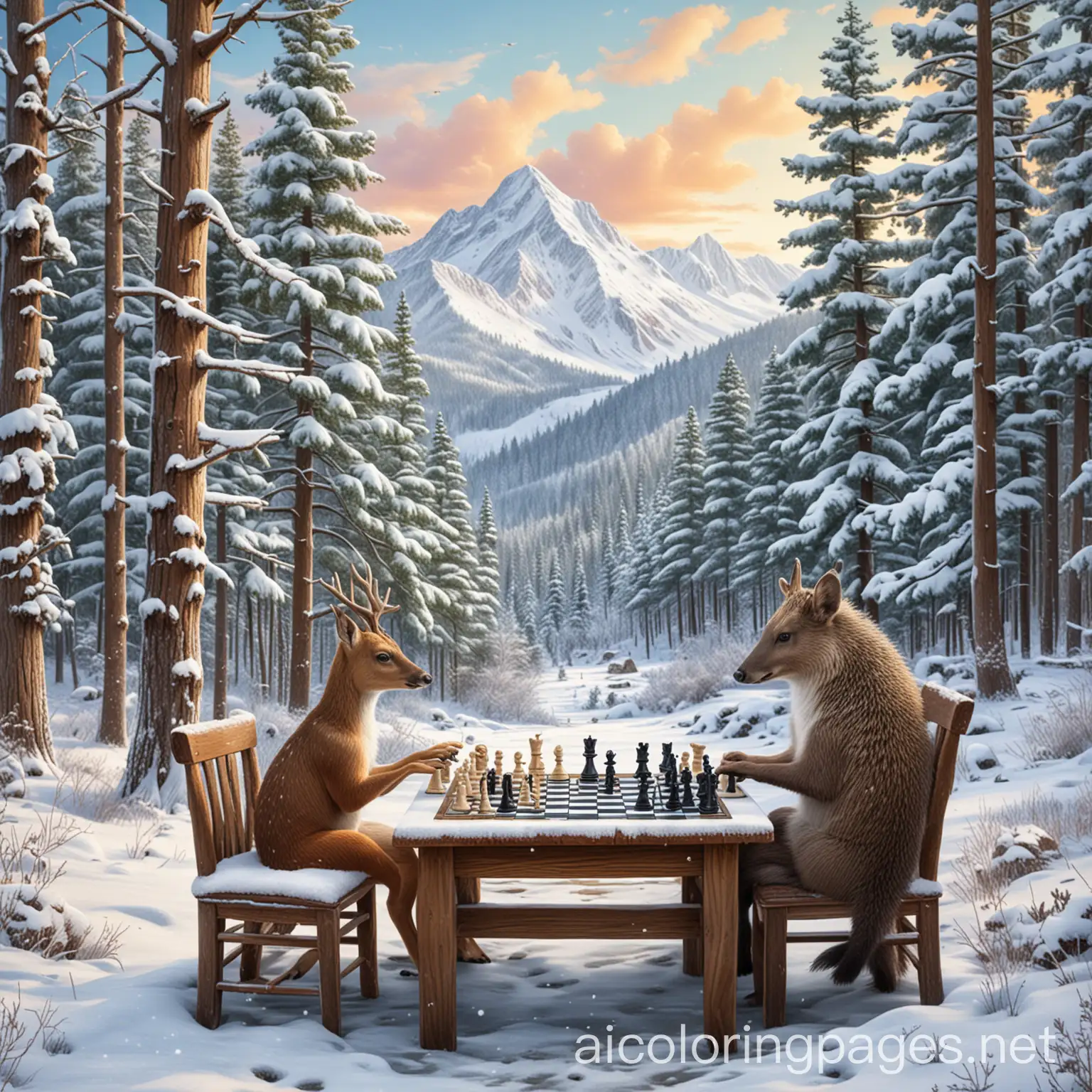 Deer-and-Hedgehog-Playing-Chess-in-a-Snowy-Forest