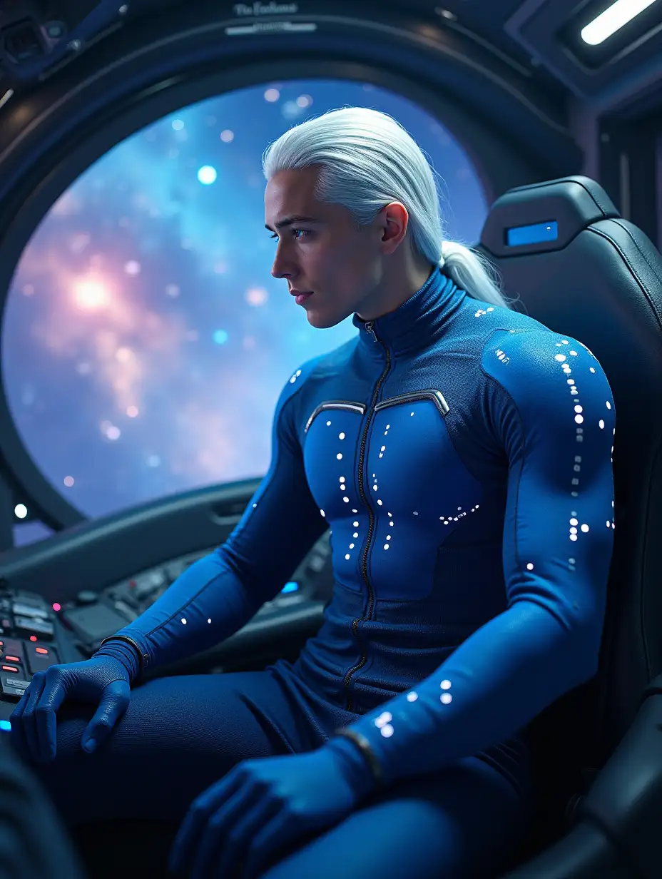 Visualization of a young man, 18 years old, with long white hair and a muscular build, wearing a  blue futuristic uniform adorned with holographic elements. He is positioned in a spaceship cockpit, surrounded by various controls and a large window showing a vibrant galaxy with stars and nebulae.