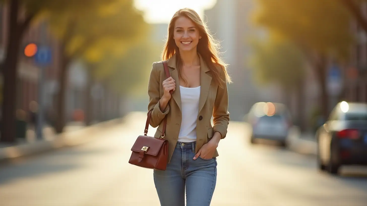 Young American Woman Fashionably Dressed with Mini Purse on a Sunny Street